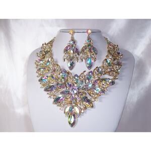 AB rhinestone necklace set, statement bridal  drag queen prom party necklace
